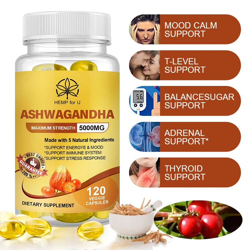 5000mg Ashwagandha Extract Capsules Support Deep Sleep, Immune, Good Mood, Mental Stress Support Dietary Supplement