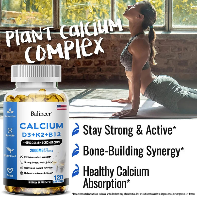 Calcium + Vitamins D3, K2 & B12 + Glucosamine Chondroitin - Supports Bone, Teeth & Muscle Health