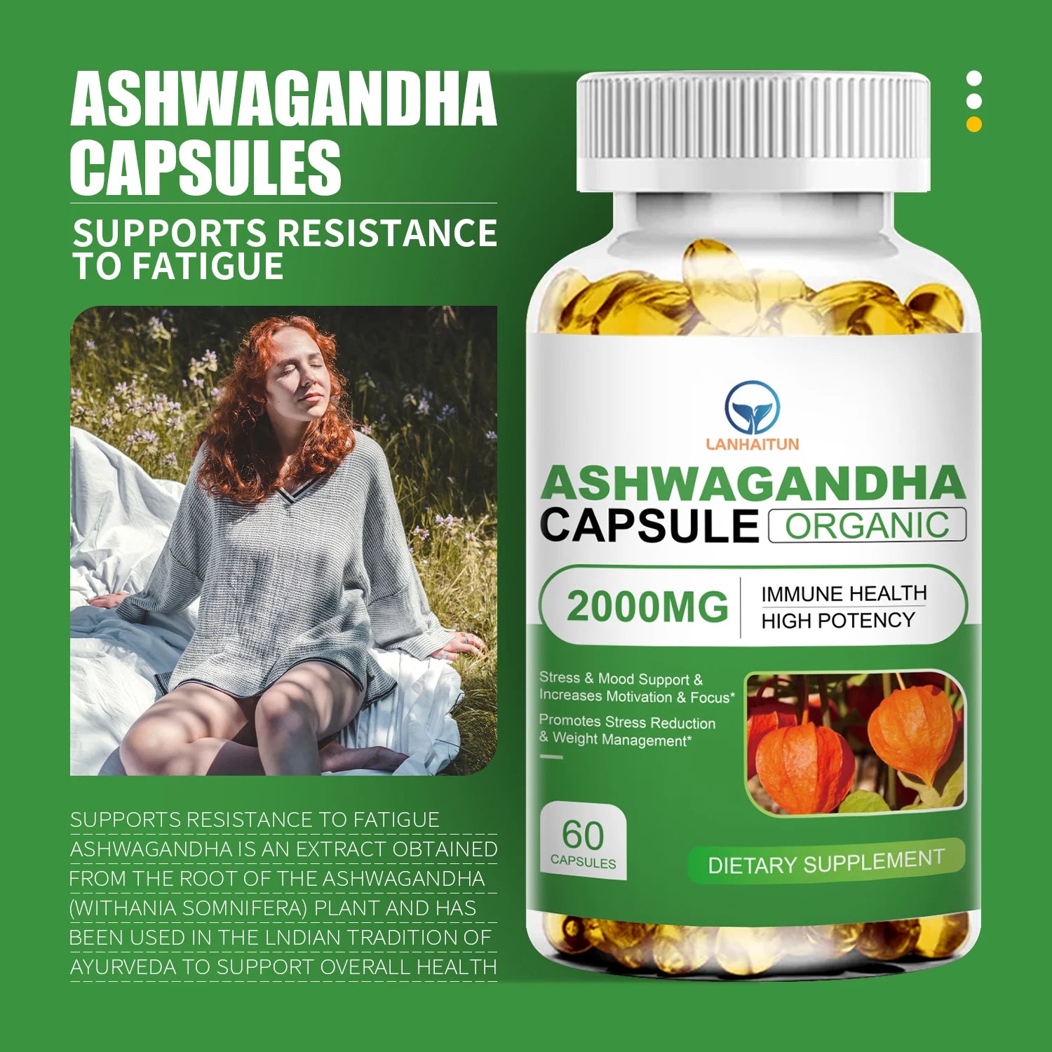 LANHAITUN Ashwagandha Extract Capsules with Black Pepper Dietary Supportment, Decompression, Improving Sleep, Enhancing Immunity