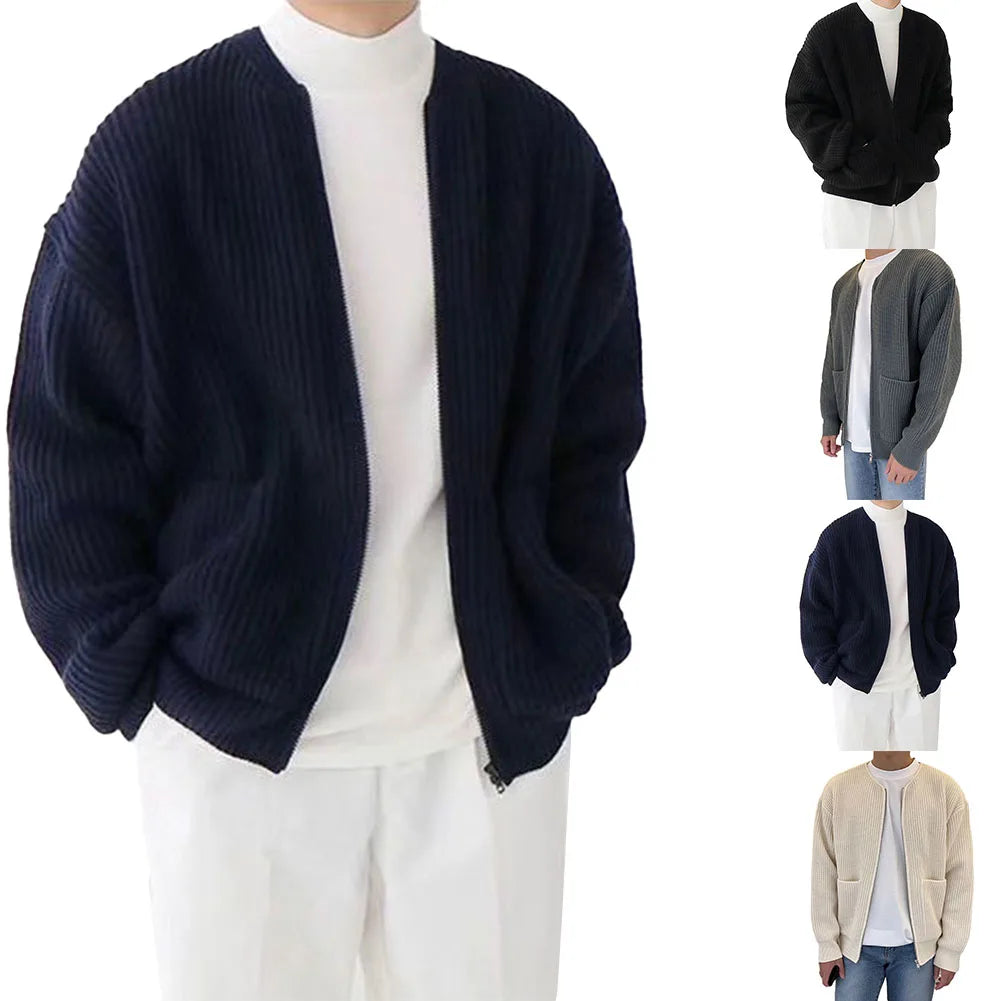 Men Zip Up Knitted Cardigan Lined Funnel Neck Jumper Sweater W/ Pockets Coat All Seasons Comfortable Soft Long Sleeve