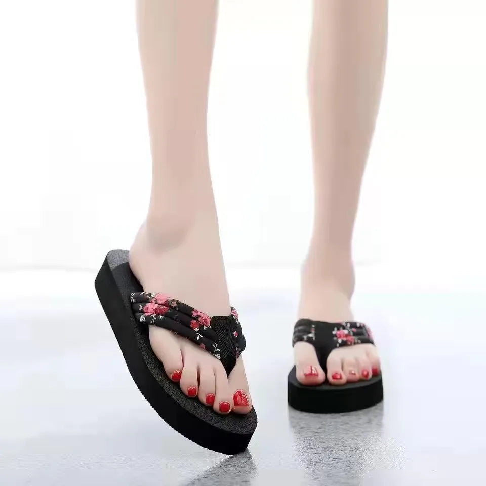 Summer Floral Printing Slippers Women Bohemian Satin Strap Platform Wedge Flip Flops Outdoor Thick Bottom Beach Shoes Thick heel