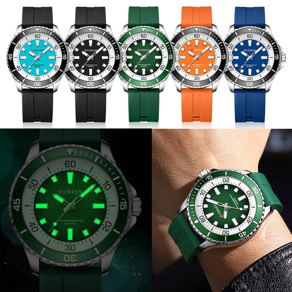 CURREN Classic Round Analog Quartz Watches with 44mm Dial Silicone Strap Colorful Unique Design Men's Wristwatches