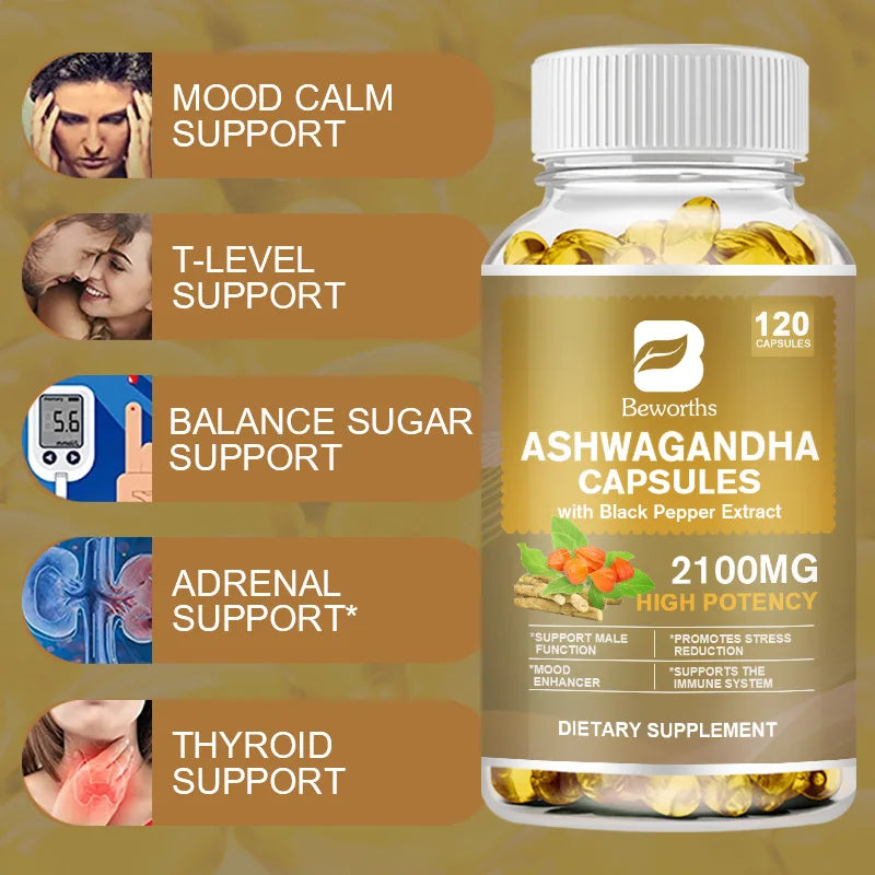 B BEWORTHS Organic Ashwagandha Capsules Helps Stress Relief & Mood & Immune & Thyroid Male Functional Healthy Food