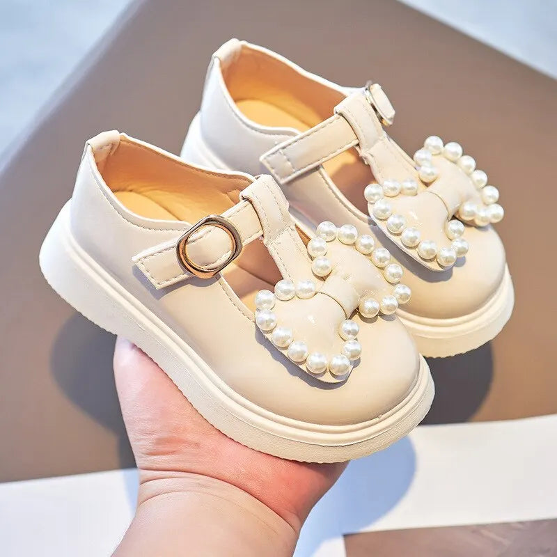 Girls Leather Shoes With Bowtie Pearls Beading Princess Sweet Cute Soft Comfortable Children Flats Kids Shoes Spring