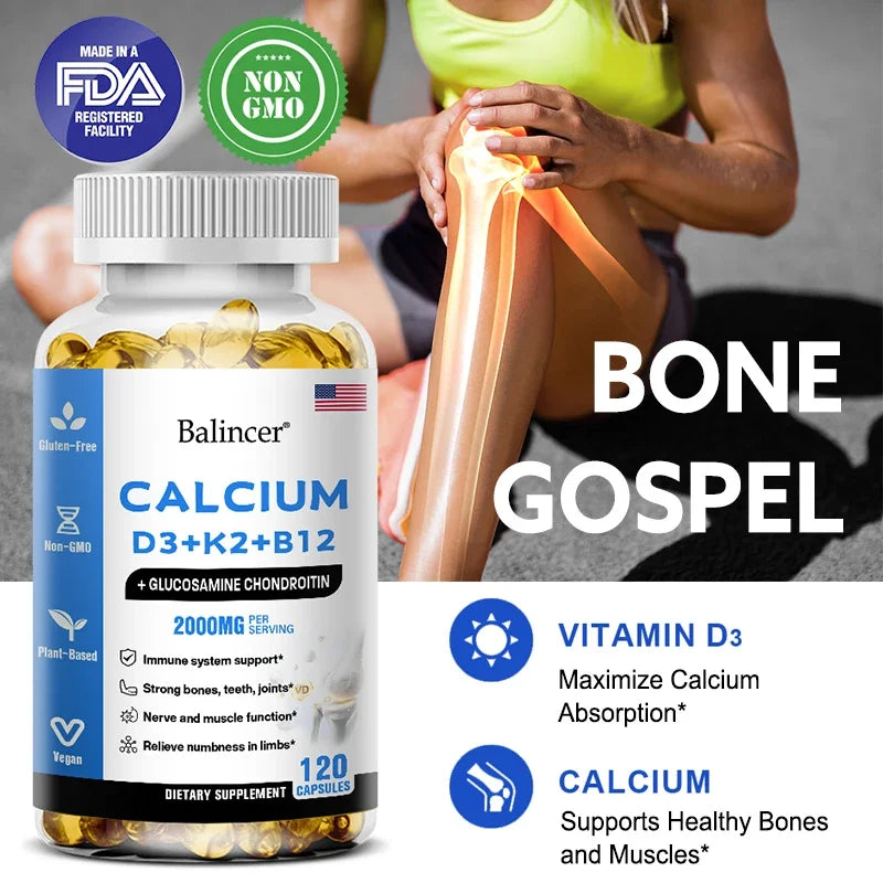 Calcium + Vitamins D3, K2 & B12 + Glucosamine Chondroitin - Supports Bone, Teeth & Muscle Health