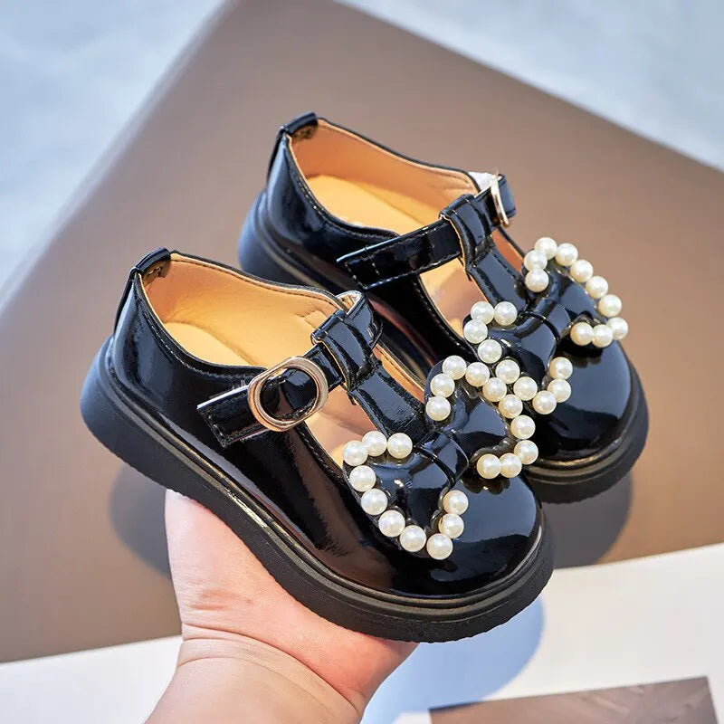 Girls Leather Shoes With Bowtie Pearls Beading Princess Sweet Cute Soft Comfortable Children Flats Kids Shoes Spring