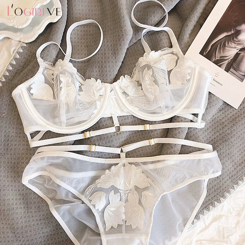 Logirlve Top Women Lace Underwear Set Embroidery Bra Set Ultrathin B C D Cup Brassiere Transparent Bra Push Up Sexy Lingerie set