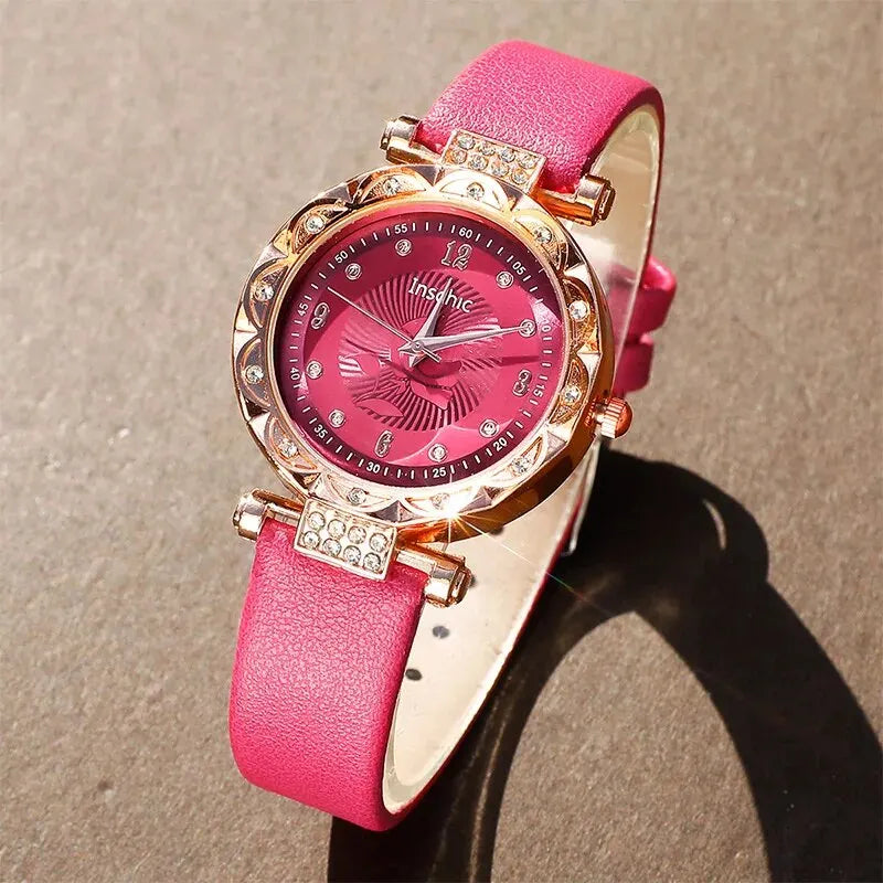 New Rose Red Watches Women Leather Band Ladies Watch Simple Casual Womens Analog WristWatch Bracelet Gift Montre Femme