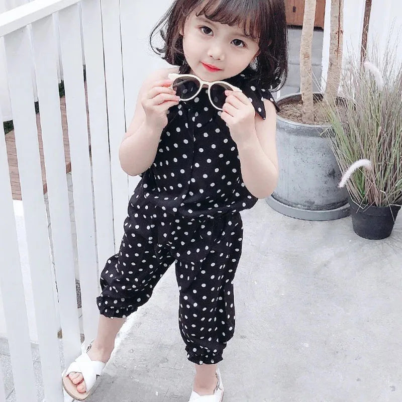 2PCS Baby Girls Clothing Sets Summer Sleeveless Polka Dot Kids Girls Clothes Chiffon Shirts+Pants Outfits Children Casual Suits