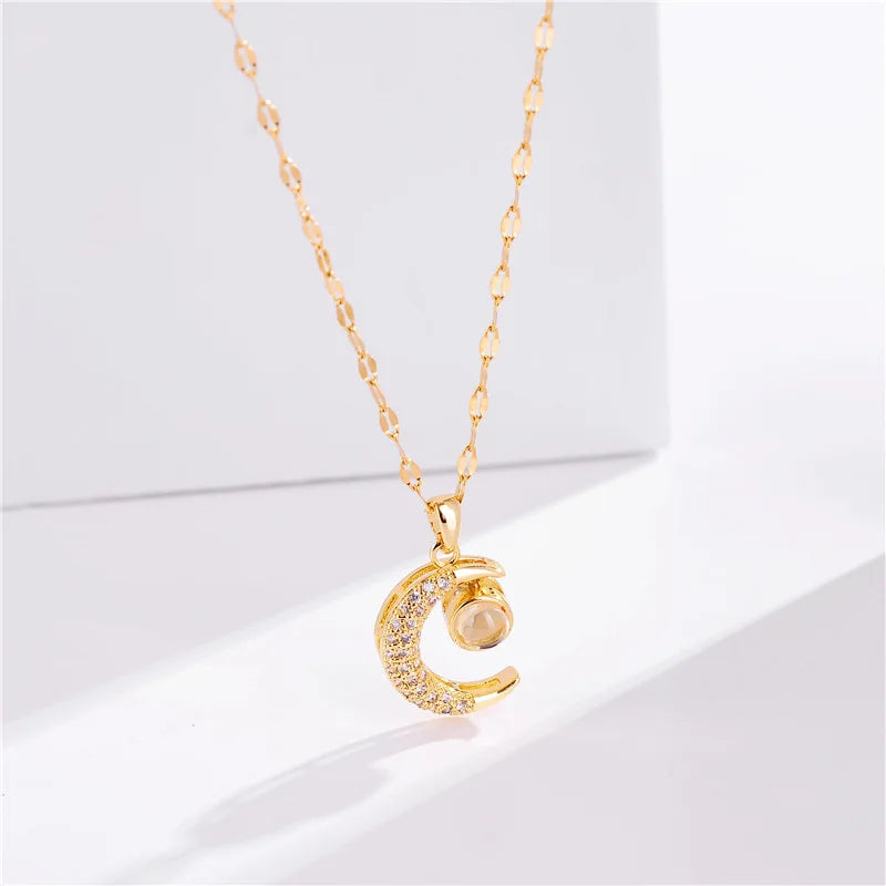 DIEYURO 316L Stainless Steel Moon Projection Pendant Necklace For Women Luxury Rhinestone Clavicle Chain Girls Jewelry Gift