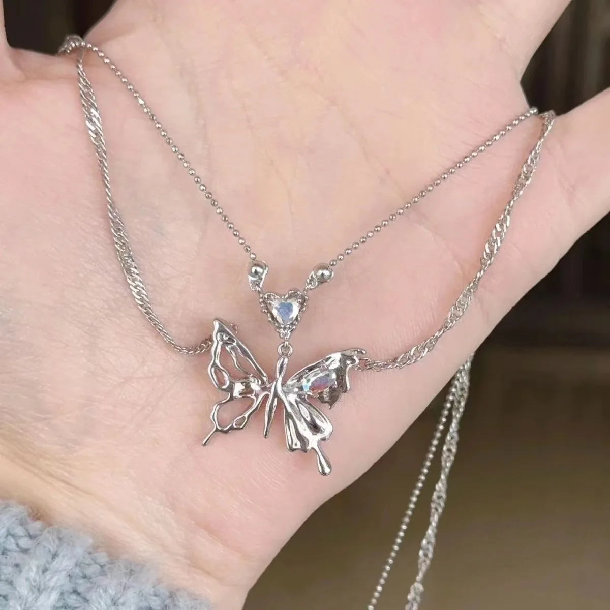 Y2K Crystal Butterfly Pendant Necklace Women Light Luxury Egirl Punk Heart Grunge Clavicle Chain Fashion Jewelry Party Gift 2023