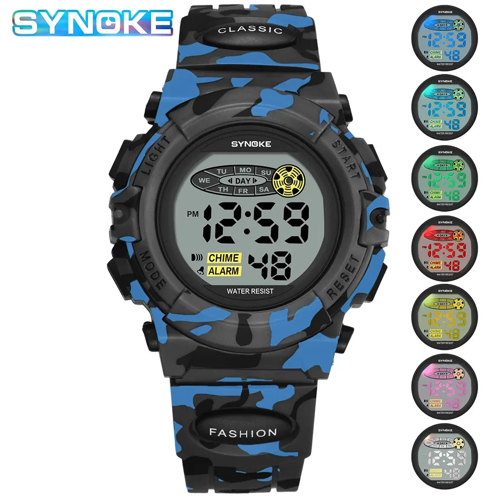 SYNOKE Student Sport Watch For Kids Colorful Electronic Watches 50M Waterproof Clock Children Digital Watch For Boys Camouflage