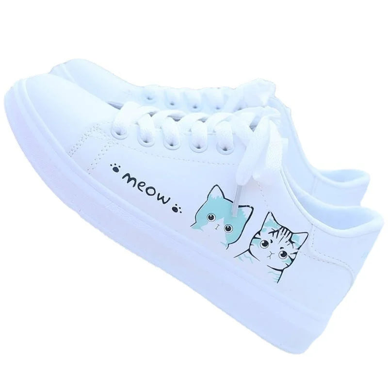 2023 New Arrival Fashion Lace-up Women Sneakers Women Casual Shoes Printed summer Women Pu Shoes Cute Cat  Shoes