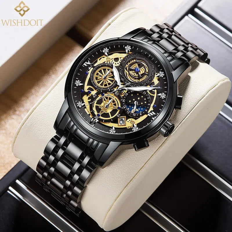 WISHDOIT Original Watch for Men's Waterproof Stainless Steel Quartz Analog Fashion Business Sun Moon Star Wristwatches Top Brand