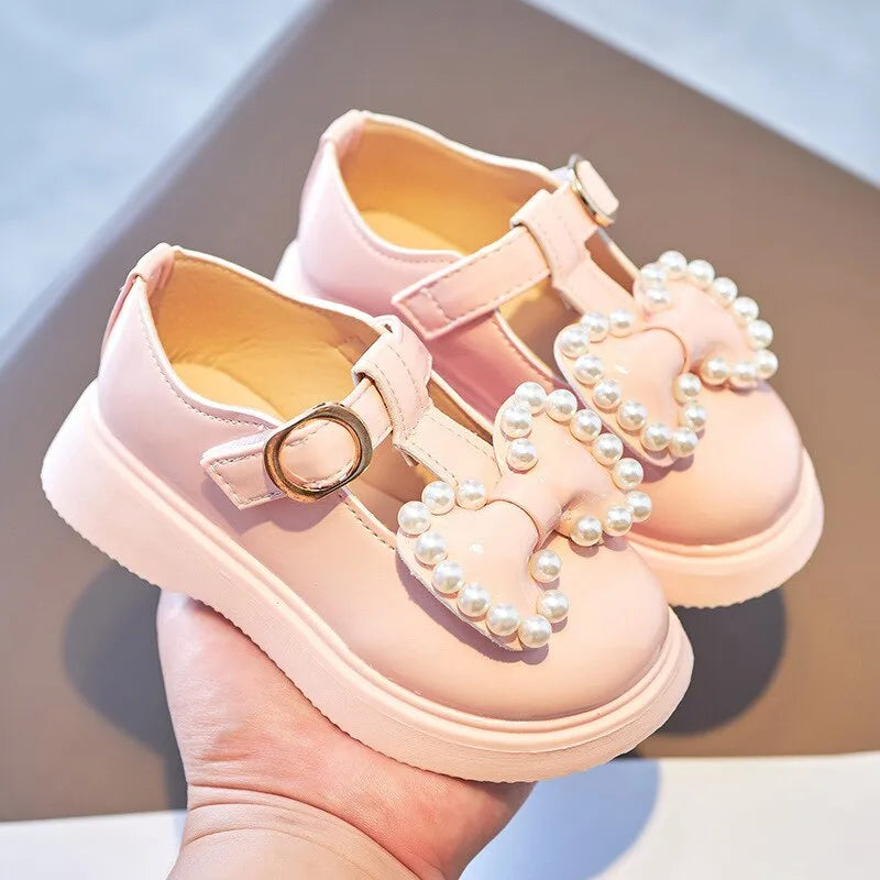 Girls Leather Shoes With Bowtie Pearls Beading Princess Sweet Cute Soft Comfortable Children Flats Kids Shoes Spring