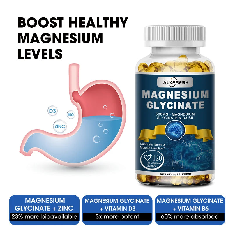 Alxfresh Magnesium Glycinate Dietary Supplement 500mg with Zinc,Vitamin D3 B6 Promotes Muscle Nerve Health Natural Capsules