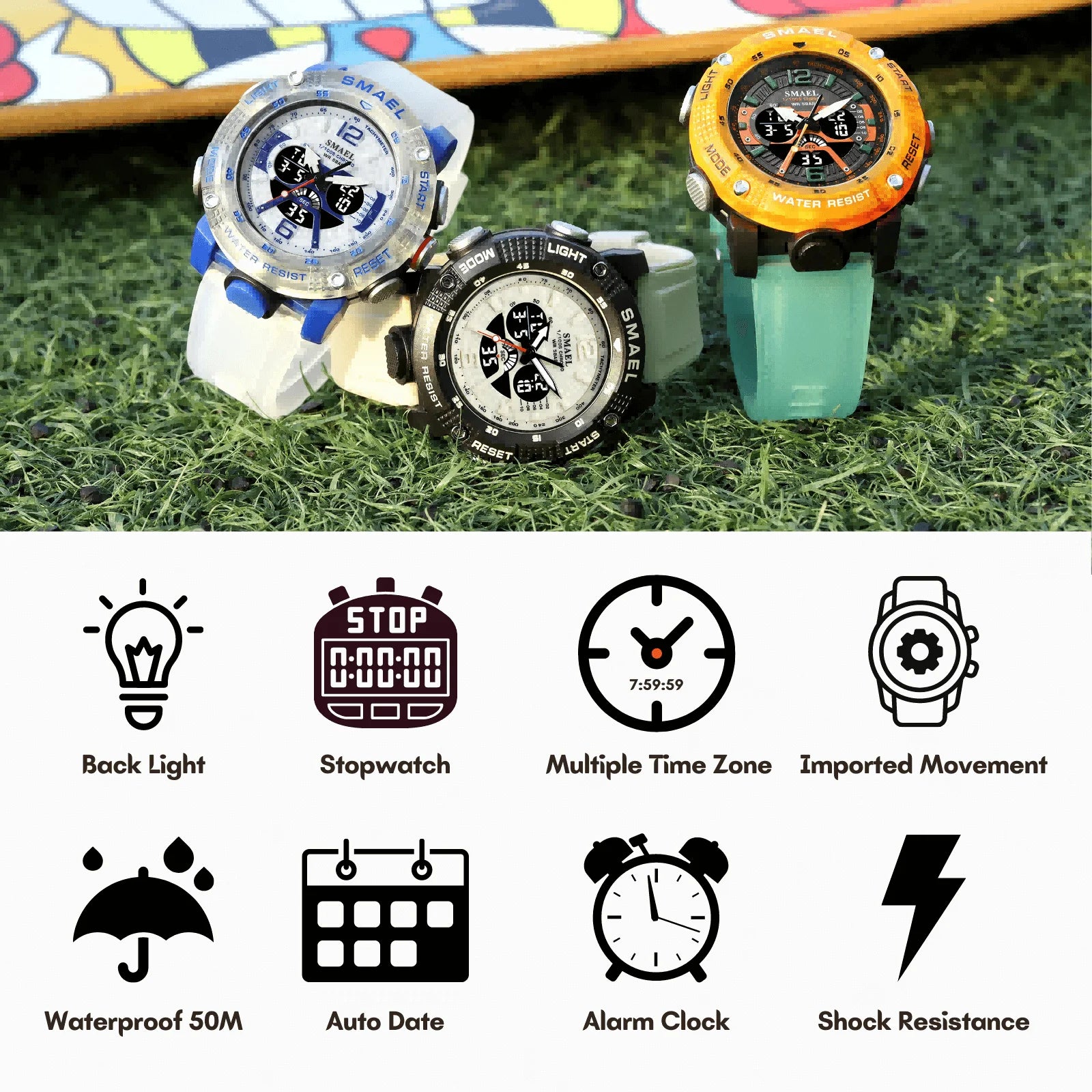 Sport Watches Men SMAEL Waterproof Analog Digital Quartz Wristwatches Male Fashion Stopwatch Alarm Clock 8058 Man Watch 2023 New