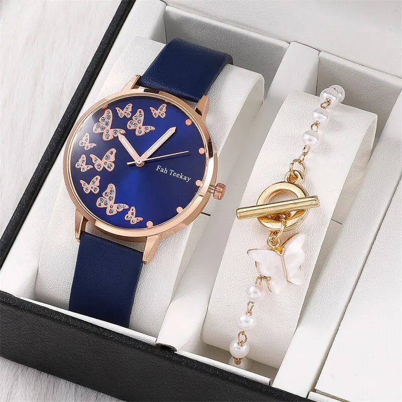 2pcs Set Womens Butterfly Watches Ladies Fashion Watch New Simple Casual Women Analog WristWatch Bracelet Gift