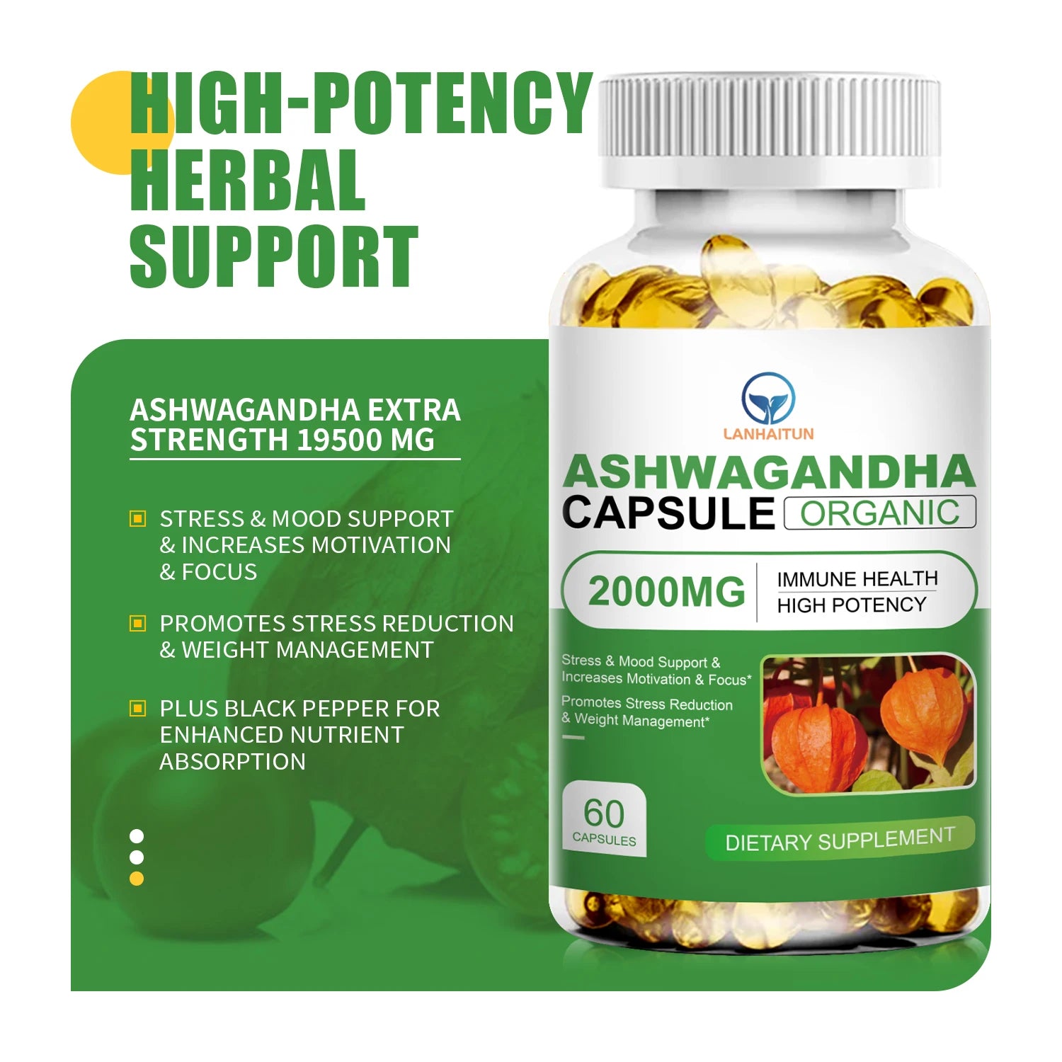 LANHAITUN Ashwagandha Extract Capsules with Black Pepper Dietary Supportment, Decompression, Improving Sleep, Enhancing Immunity