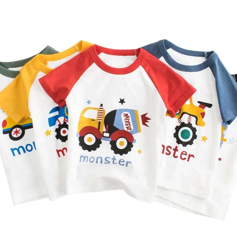 Boys T-Shirts 2-9 Years Cartoon Animals Baby Kids Tees Children Cotton Short Sleeves Summer Tops Car Dinosaur Shark Printing