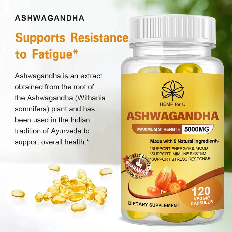 5000mg Ashwagandha Extract Capsules Support Deep Sleep, Immune, Good Mood, Mental Stress Support Dietary Supplement