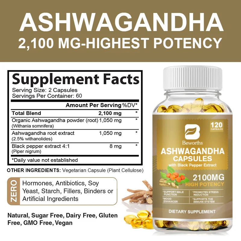 B BEWORTHS Organic Ashwagandha Capsules Helps Stress Relief & Mood & Immune & Thyroid Male Functional Healthy Food