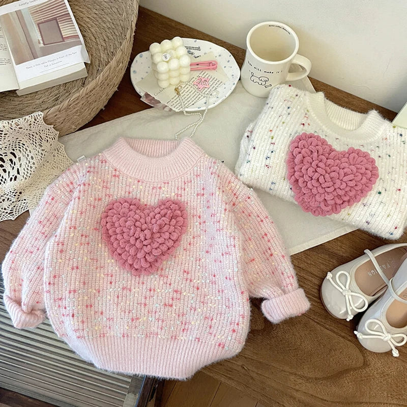 Spring Autumn Girls Sweater Baby Knitwear Kids Pullover Tops Toddler Sweater Children Clothes Heart Rib Knit Tassel 2-7Y