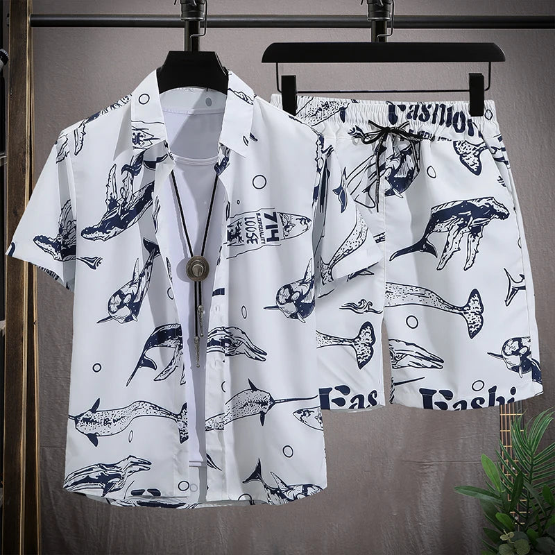 Men's Hawaiian Beach Set Single Breasted Short Sleeve Shirt and Shorts Casual Summer Vacation Travel Outfit