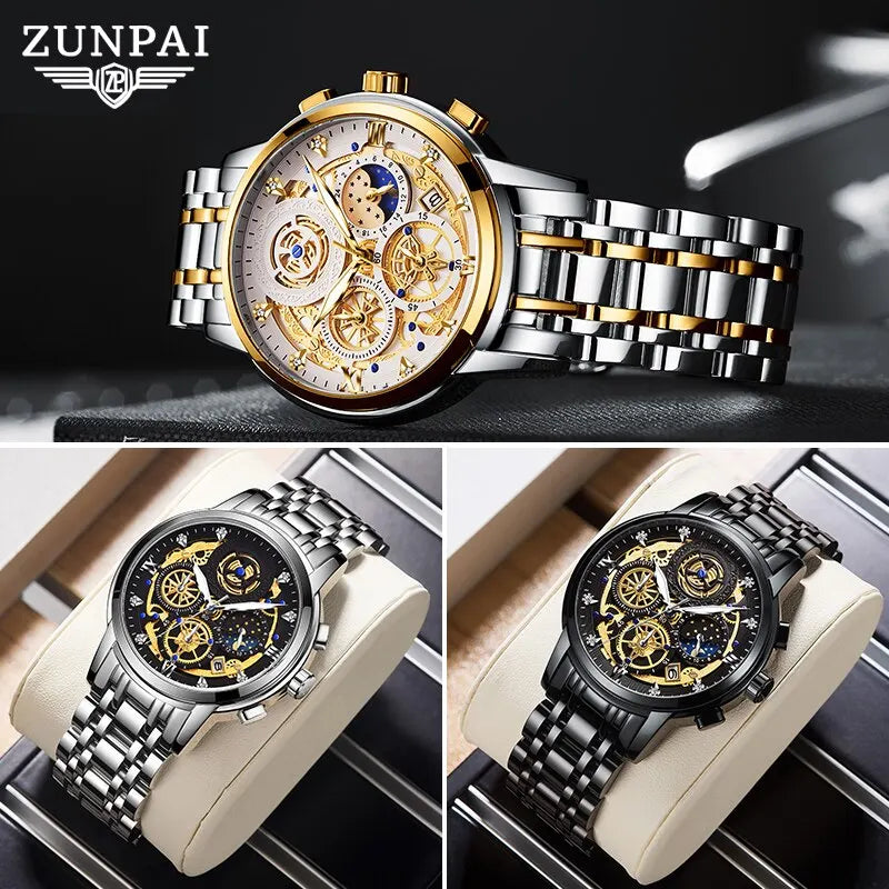 ZUNPAI Original Watch for Men Waterproof Stainless Steel Quartz Analog Fashion Business Sun Moon Star Wristwatches Top Brand