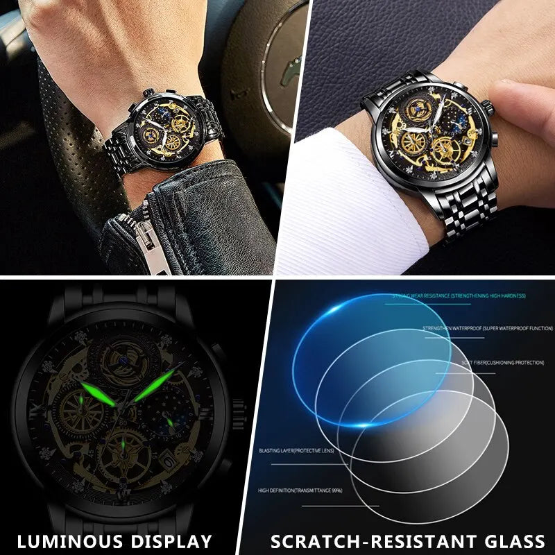 WISHDOIT Original Watch for Men's Waterproof Stainless Steel Quartz Analog Fashion Business Sun Moon Star Wristwatches Top Brand