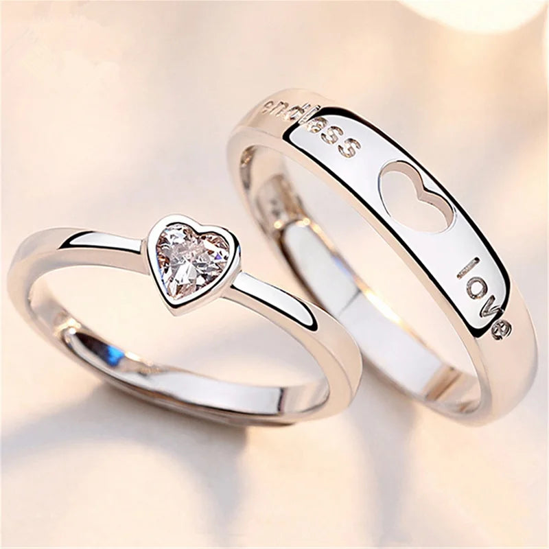 2Pcs/sets Zircon Heart Matching Couple Rings Set Forever Endless Love Wedding Ring For Women Men Charm Valentine's Day Jewelry